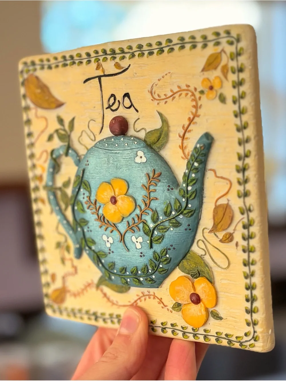 Cottagecore Floral 3D Textured Decorative Blue Teapot Wall Plaque - Tea Sign